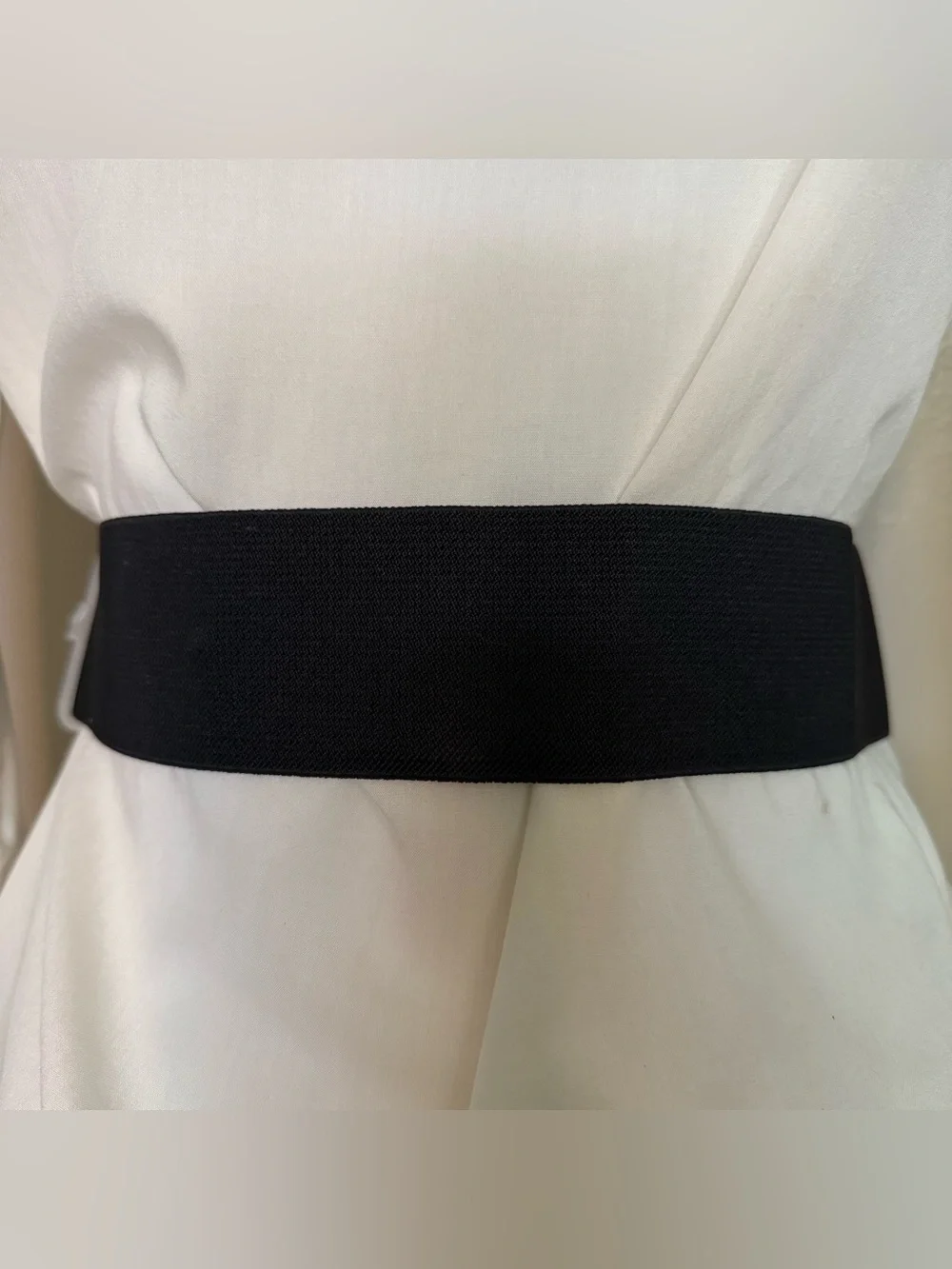 Black PU suede leather elastic waistband belt with silver square buckle